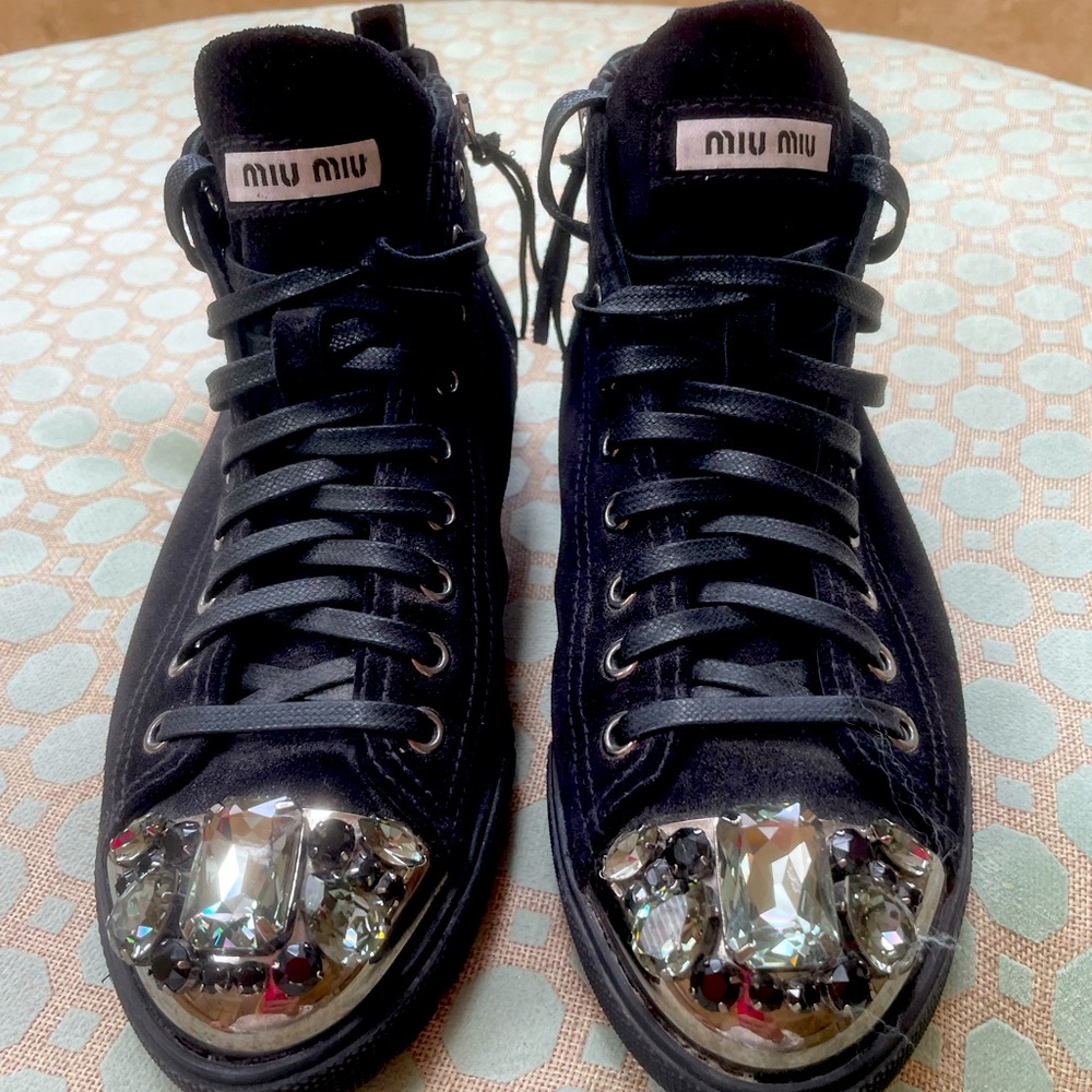 Miu Miu sneaker booties suede with leather laces , crystal toe, rubber soles